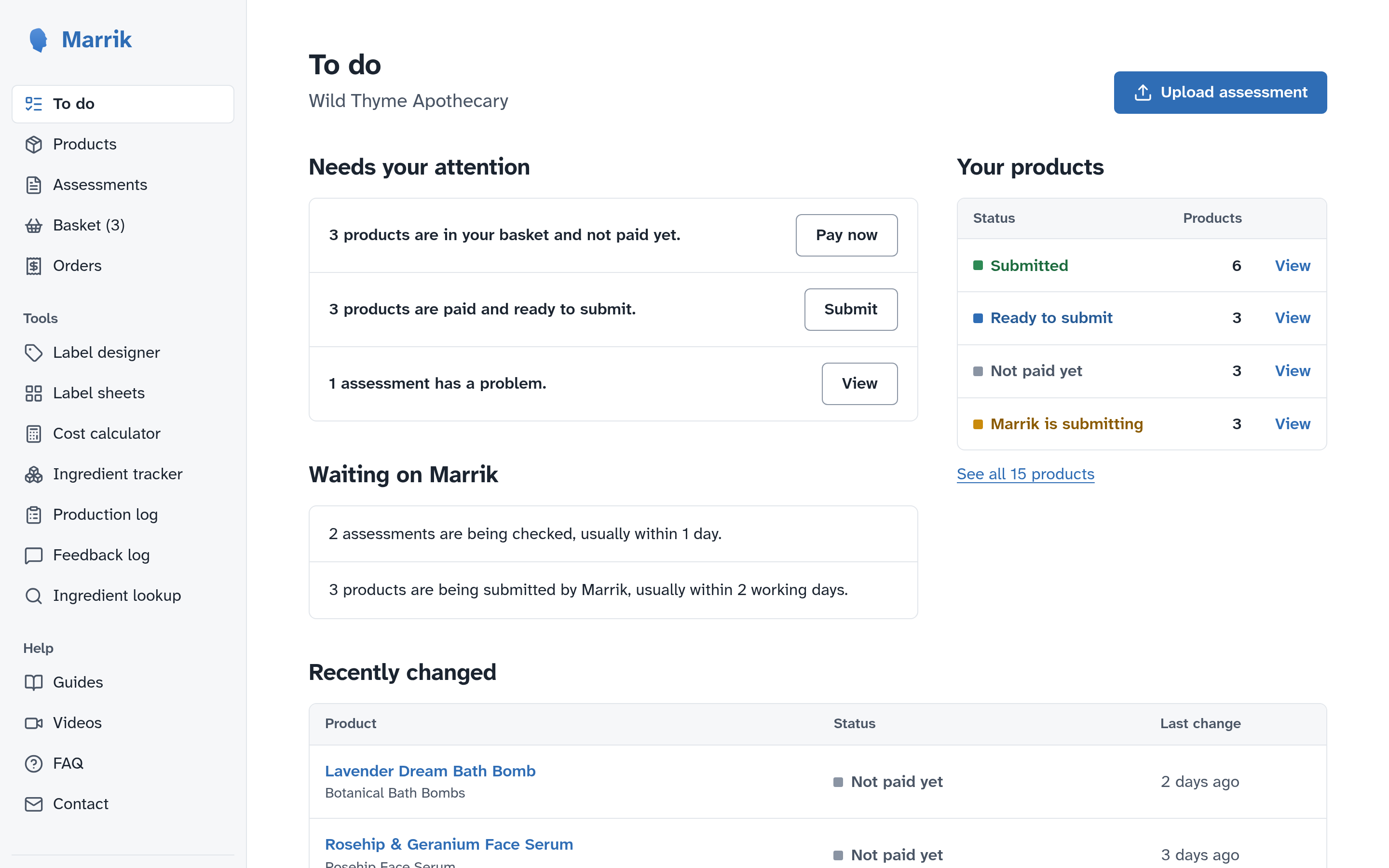 Marrik portal: the customer's to-do dashboard